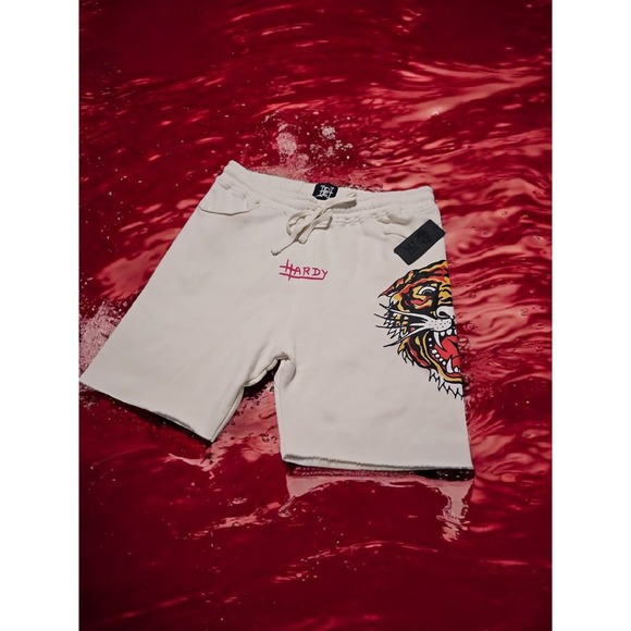 Ed Hardy Fleece Sweats Shorts Graphic Tiger Drawstring Cream Mens Size‎ L NWT - Picture 3 of 6